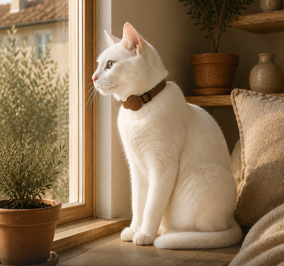 Gato blanco con collar NOOKA Orbit mirando por la ventana
