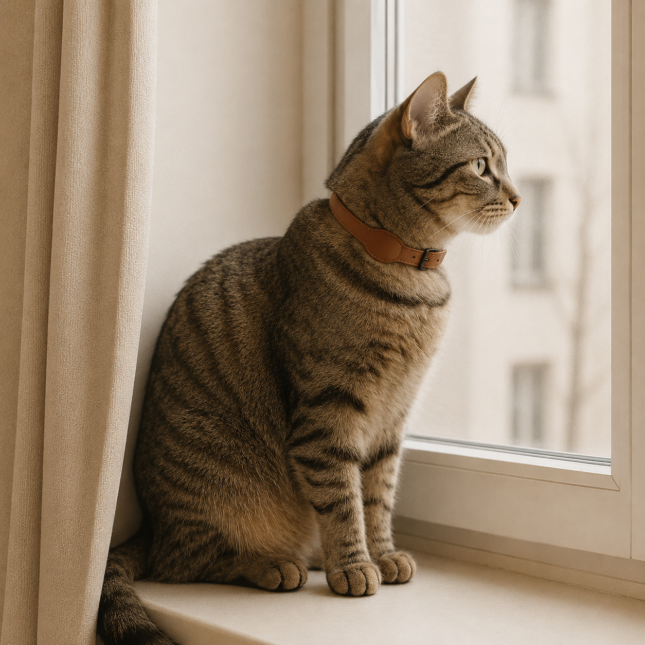Gato atigrado con collar NOOKA Orbit mirando por la ventana