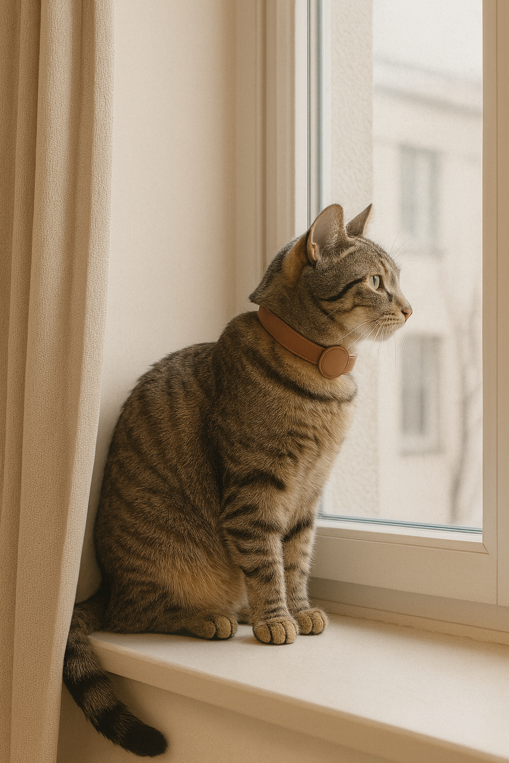 Gato con collar NOOKA mirando por la ventana