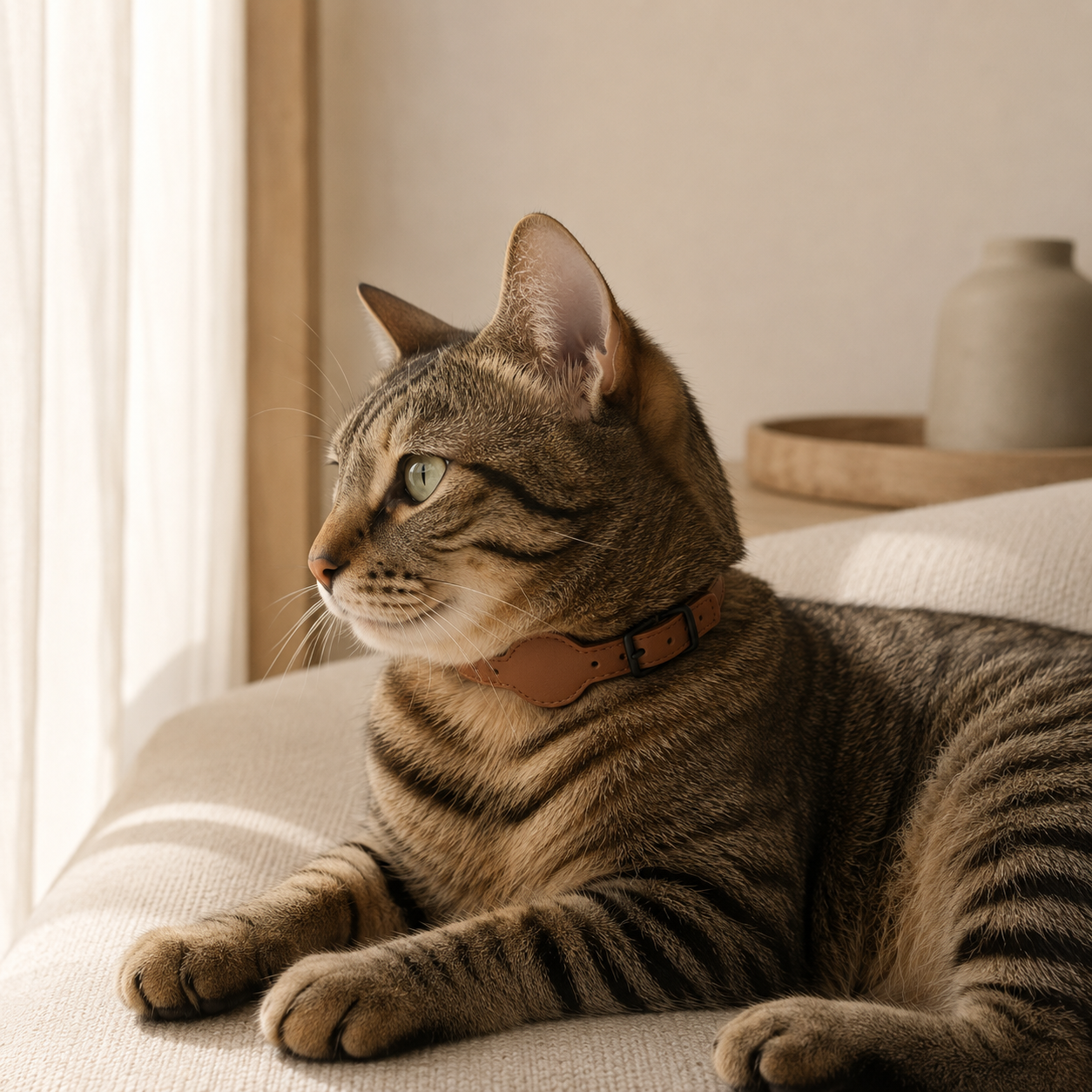 Gato en sofá mirando a la venta con collar NOOKA Orbit